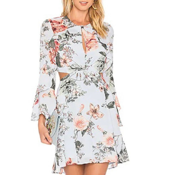 Bardot Dresses & Skirts - Bardot Revolve Mini Dress Blue Size 6 Floral Frill Bell Sleeves Ruffles Cut Out